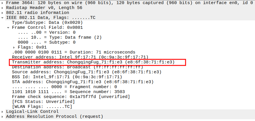 STA to AP ARP transmitter Address