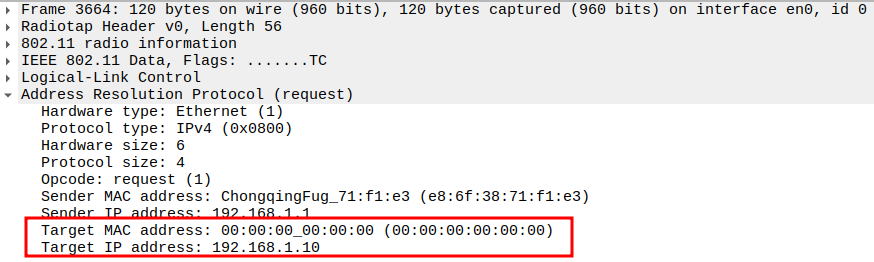 STA to AP ARP Target IP and MAC