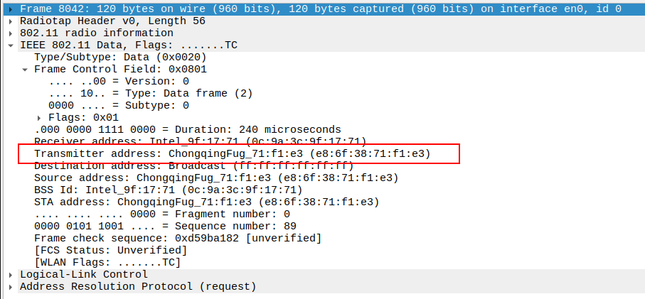 STA to AP ARP transmitter Address