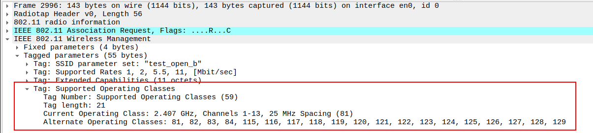 Supported Operating Classes in Association Request