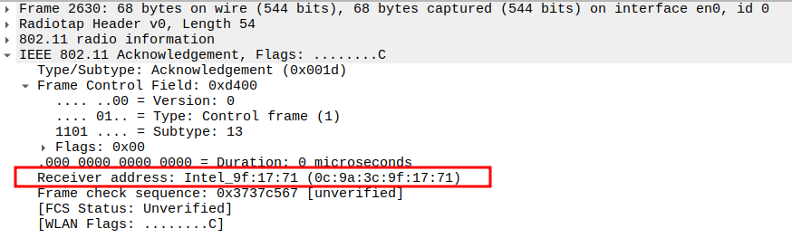 Receiver address of ACK after Association Response
