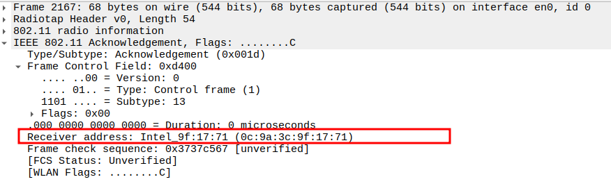 Receiver address of ACK after Association Response
