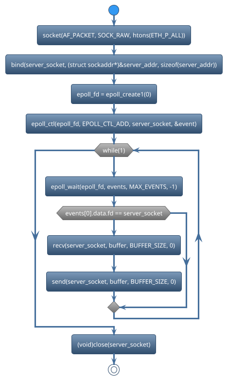 @startuml
!theme spacelab
start
:socket(AF_PACKET, SOCK_RAW, htons(ETH_P_ALL));
:bind(server_socket, (struct sockaddr*)&server_addr, sizeof(server_addr));
:epoll_fd = epoll_create1(0);
:epoll_ctl(epoll_fd, EPOLL_CTL_ADD, server_socket, &event);
while (while(1)) is (yes)
:epoll_wait(epoll_fd, events, MAX_EVENTS, -1);
if (events[0].data.fd == server_socket) then (yes)
     :recv(server_socket, buffer, BUFFER_SIZE, 0);
     :send(server_socket, buffer, BUFFER_SIZE, 0);
else (no)
endif
endwhile (CTRL+c)
:(void)close(server_socket);
stop
@enduml