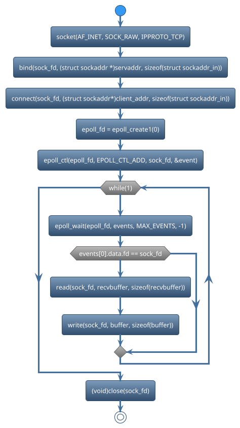 @startuml
!theme spacelab
start
:socket(AF_INET, SOCK_RAW, IPPROTO_TCP);
:bind(sock_fd, (struct sockaddr *)servaddr, sizeof(struct sockaddr_in));
:connect(sock_fd, (struct sockaddr*)client_addr, sizeof(struct sockaddr_in));
:epoll_fd = epoll_create1(0);
:epoll_ctl(epoll_fd, EPOLL_CTL_ADD, sock_fd, &event);
while (while(1)) is (yes)
:epoll_wait(epoll_fd, events, MAX_EVENTS, -1);
if (events[0].data.fd == sock_fd) then (yes)
   :read(sock_fd, recvbuffer, sizeof(recvbuffer));
   :write(sock_fd, buffer, sizeof(buffer));
else (no)
endif
endwhile (CTRL+c)
:(void)close(sock_fd);
stop
@enduml