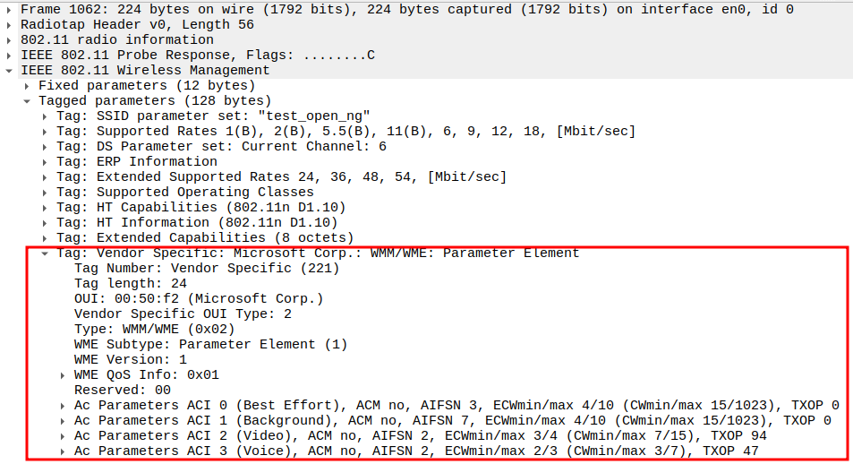 WMM/WME Parameter Element in Probe Response